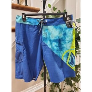 Volcom Men Blue & Yellow Polyester Pull On Swim Trunk Logo Print Shorts Size 31